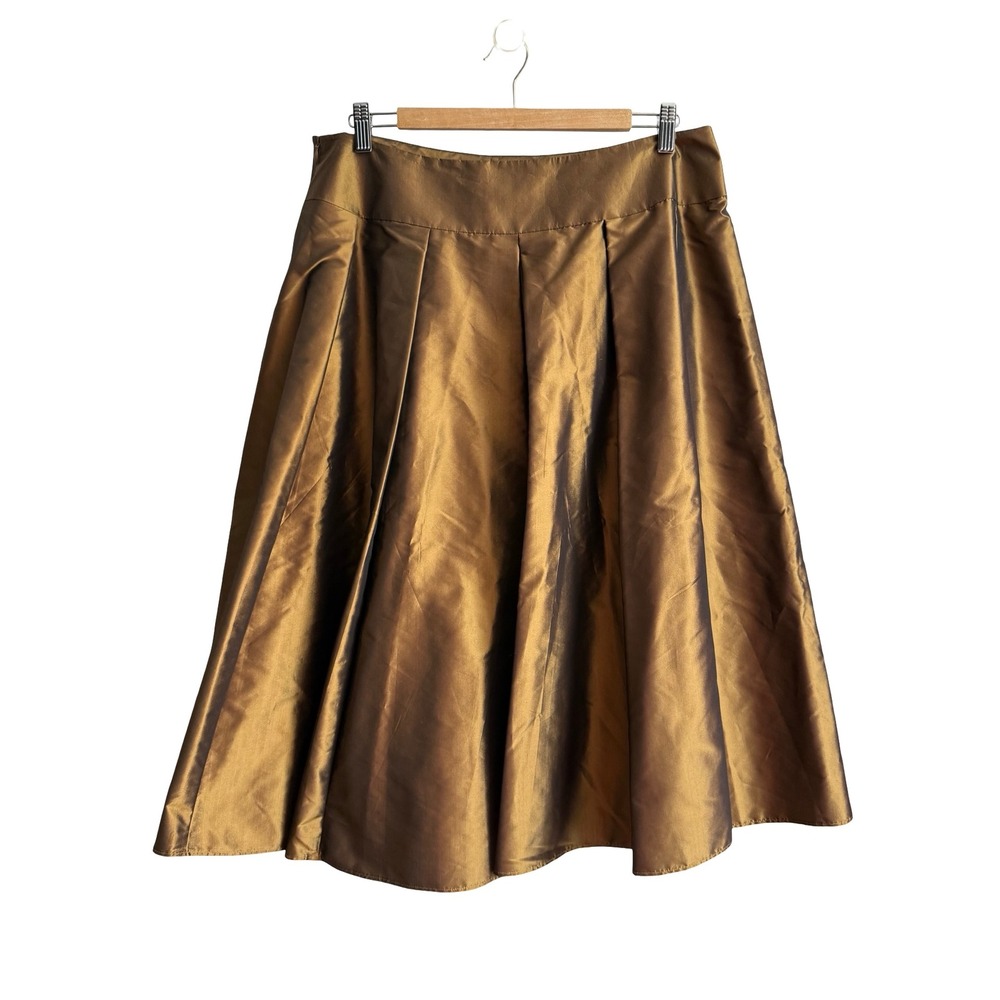 Talbots Vintage Pure Silk A-Line Midi Skirt Brown Bronze Gold Pleated Fall SZ 16